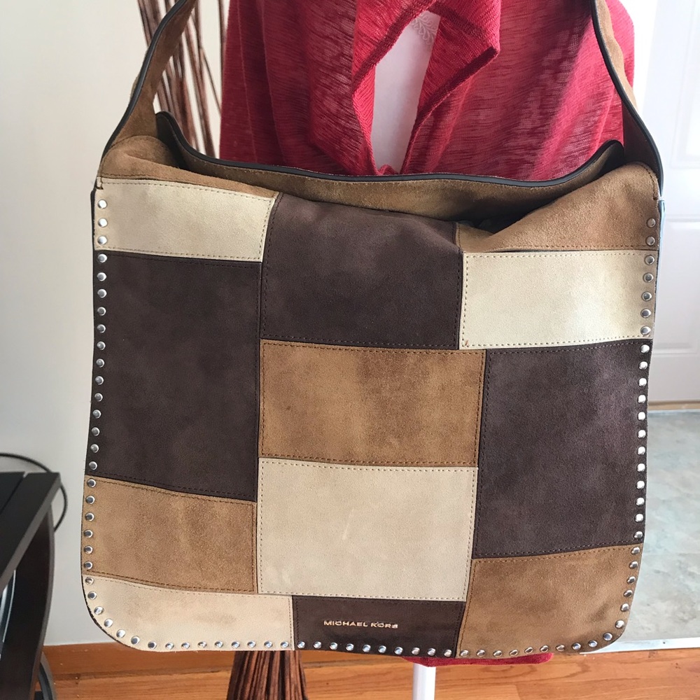 Michael Kors Patchwork Suede Hobo Bag in Brown, Tan & Cream